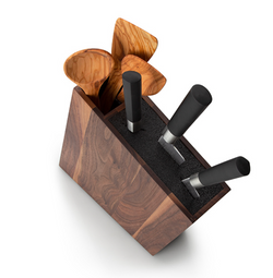 Schräger Messerblock mit flexiblem Einsatz und Utensilienhalter, Walnuss, 31 x 8 x 26 cm