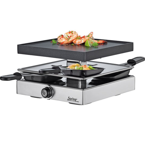 Spring raclette set with aluminum grill plate for 4 people, silver