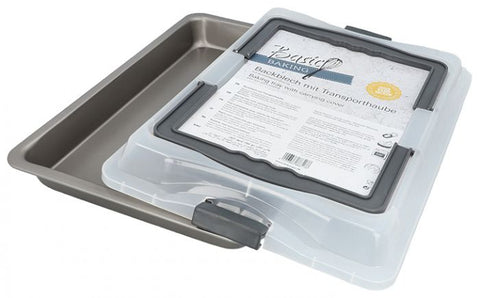 Baking tray with transport hood